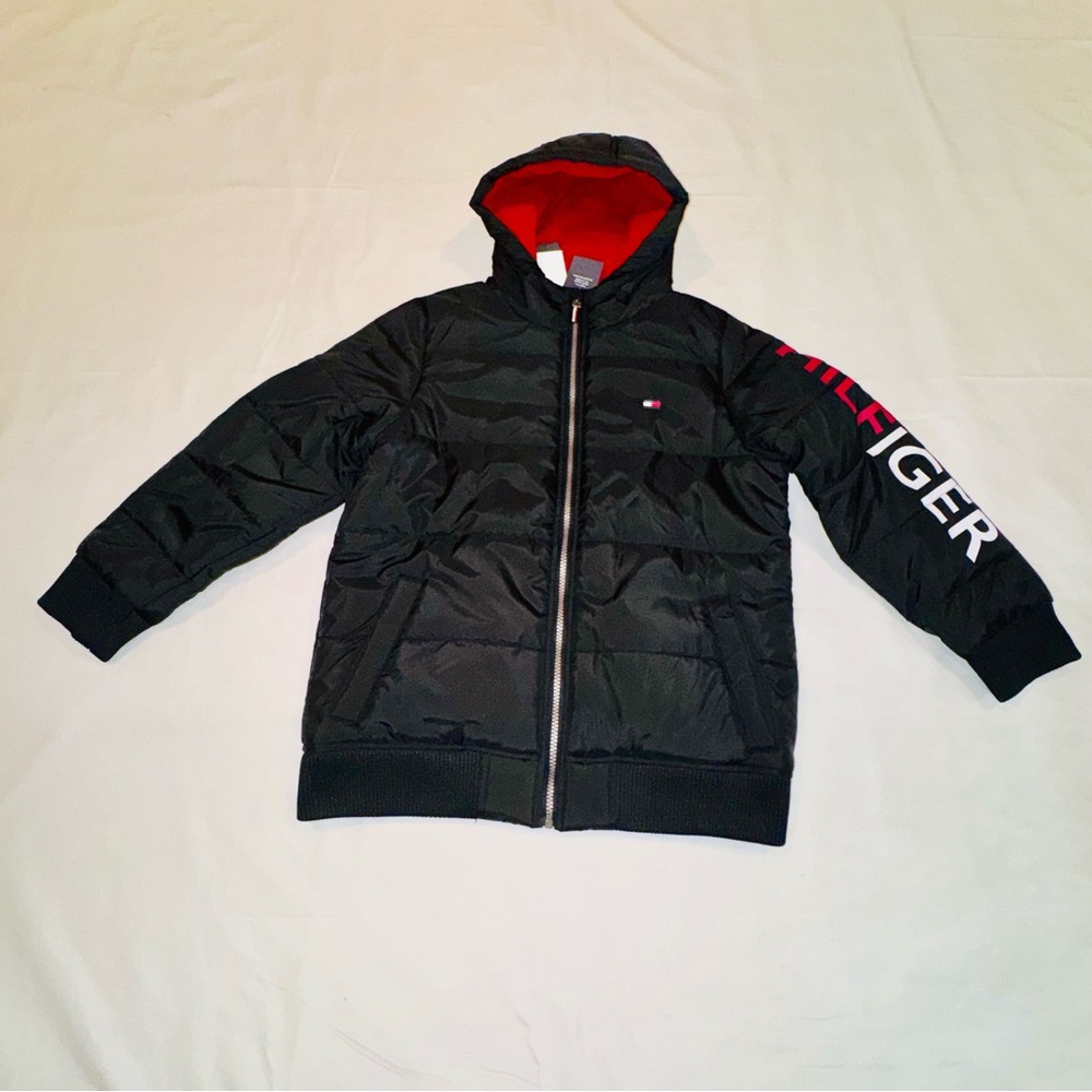 Boys' Tommy Hilfiger Black 10/12 Hooded Bomber Jacket Logo Zip w Chin Guard NWT